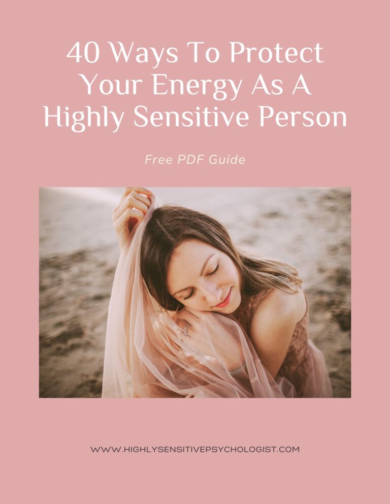 Front cover of a free download describing 40 ways to protect your energy as a highly sensitive person with a picture of a sensitive woman